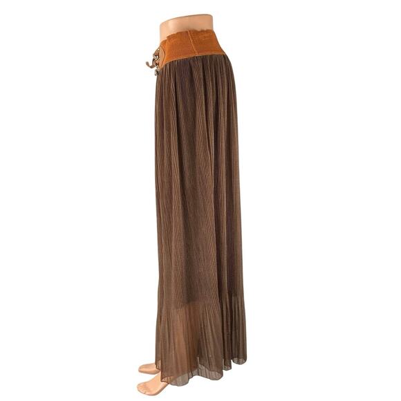 Magic Women's Brown High Waisted Pleated Buckle Sheer Maxi A-Line Skirt Size XL - Picture 2 of 5